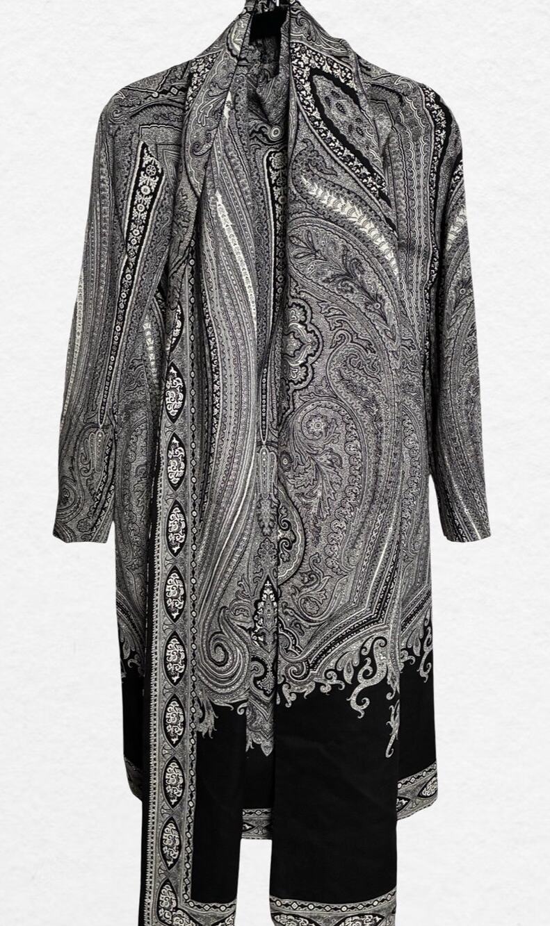 Vintage Pauline Trigere Mock Neck Paisley Dress With Pockets and Matching Scarf